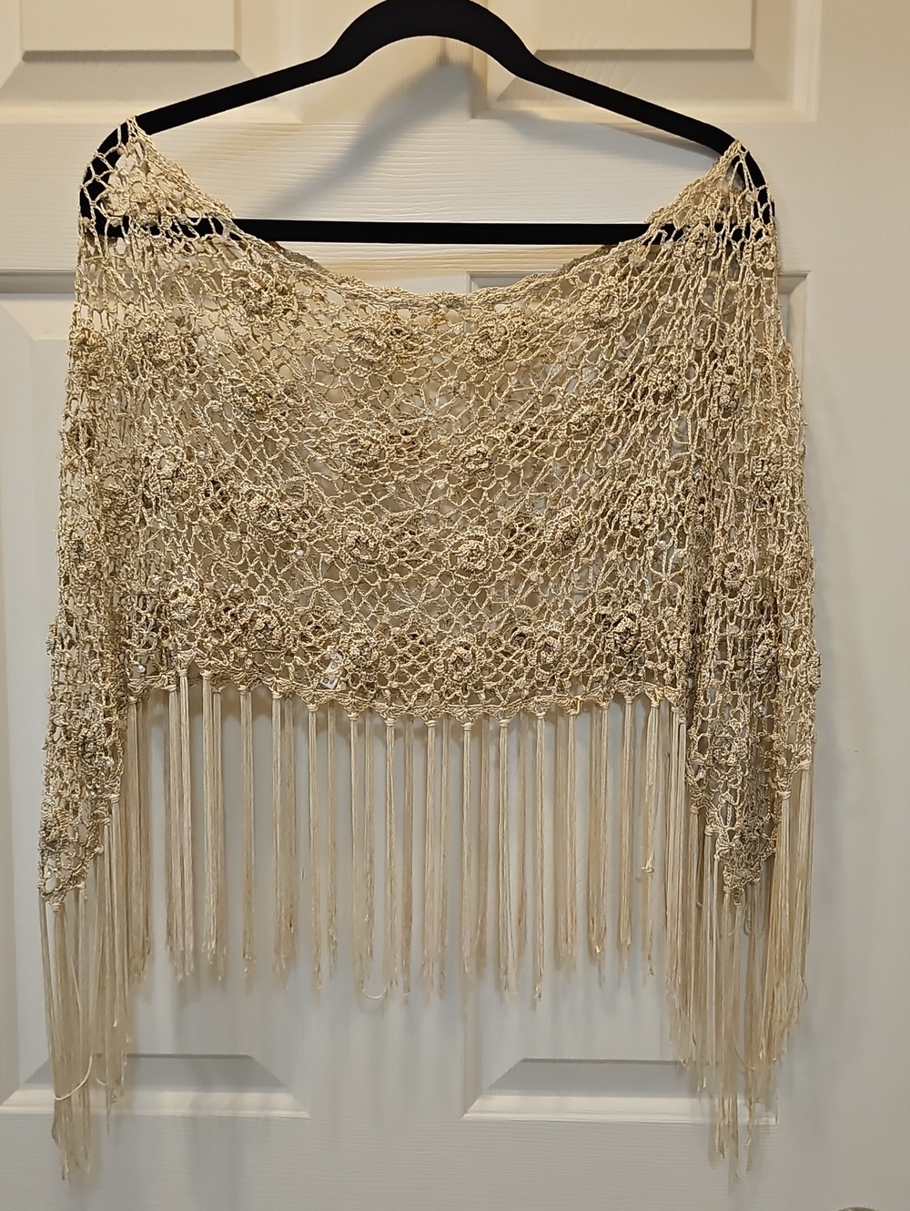 Boho Crochet Flower and Bead Fringe Shawl - Cream